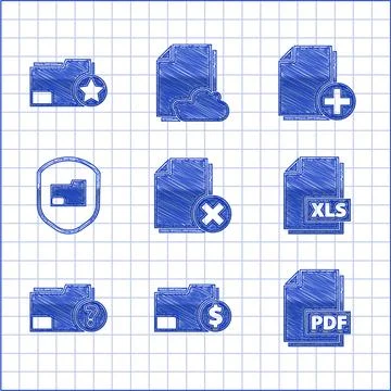 Set Delete file document, Finance folder, PDF, XLS, Unknown, Document protection Stock Illustration