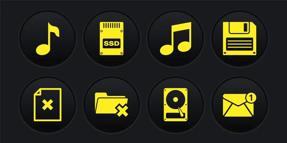 Set Delete file document, Floppy disk, folder, Hard drive HDD, Music note, tone Illustrazione stock