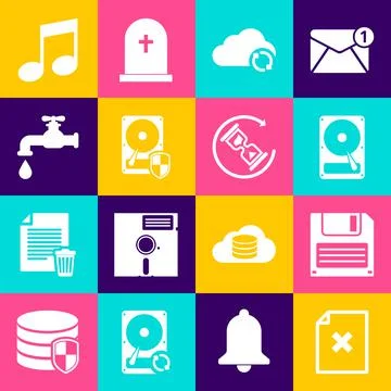 Set Delete file document, Floppy disk, Hard drive HDD, Cloud sync refresh Ilustración de archivo