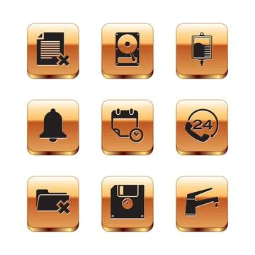 Set Delete file document, folder, Floppy disk, Calendar and clock, Ringing bell Stock Illustration