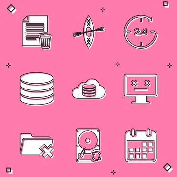 Set Delete file document, Kayak and paddle, Clock 24 hours, Database, Cloud.. Stock Illustration