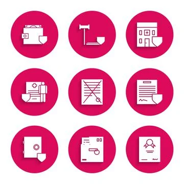 Set Delete file document, Ordered envelope, Certificate template, Contract with Illustrazione stock