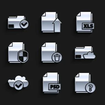 Set Delete file document, PSD, Unknown, Cloud storage text folder, with check Stock Illustration