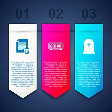 Set Delete file document, Retro flip clock and Tombstone with cross. Business Stock Illustration