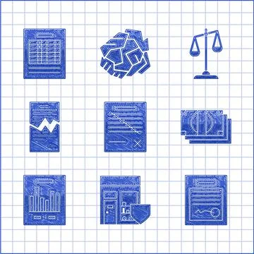 Set Delete file document, Shopping building with shield, Filled form, Stacks Illustrazione stock