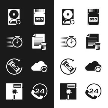 Set Delete file document, Stopwatch, Hard disk drive HDD sync refresh, SSD card Stock Illustration
