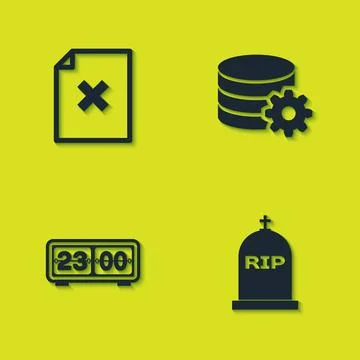 Set Delete file document, Tombstone with RIP written, Retro flip clock and Stock Illustration