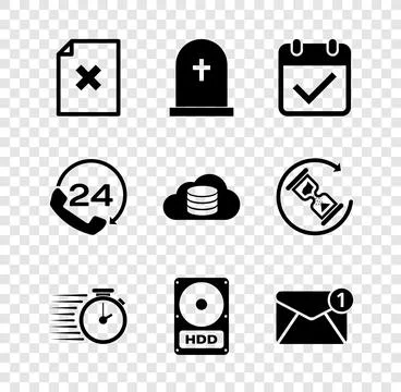 Set Delete file document, Tombstone with cross, Calendar check mark, Stopwatch Illustrazione stock