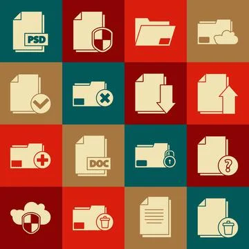 Set Delete file document, Unknown, Upload, Document folder, and check mark, PSD Stock Illustration