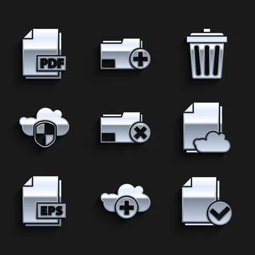Set Delete folder, Add cloud, Document and check mark, Cloud storage text Stock Illustration