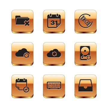 Set Delete folder, Calendar with check mark, Digital alarm clock, Cloud syn.. Stock Illustration