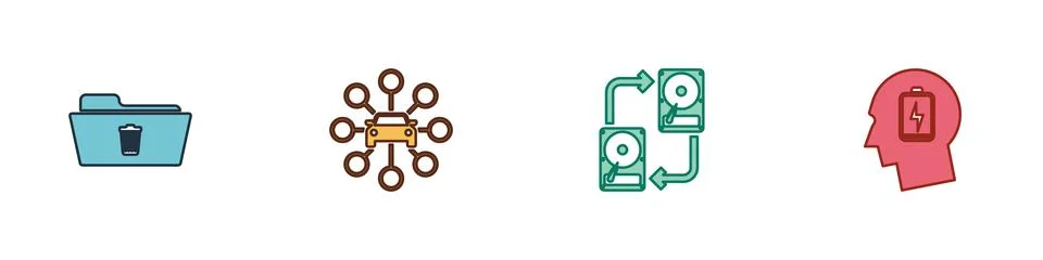 Set Delete folder, Car sharing, Data exchange with hhd and Head low battery icon Stock Illustration
