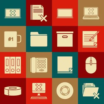Set Delete folder, Computer mouse, Blank notebook and pen, Laptop, Document Stock Illustration