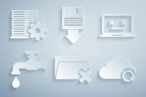 Set Delete folder, Dead laptop, Water tap, Cloud sync refresh, Floppy disk Illustrazione stock