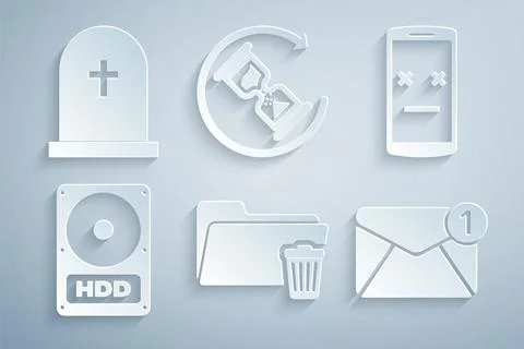 Set Delete folder, Dead mobile, Hard disk drive HDD, New, email incoming me.. Illustrazione stock