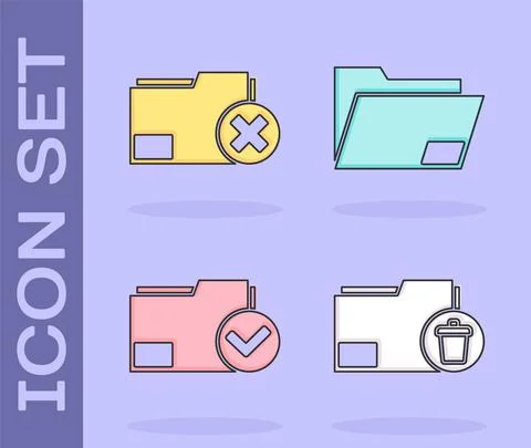 Set Delete folder, Delete folder, Document folder and check mark and Document Stockillustratie