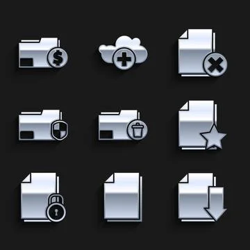 Set Delete folder, Document, with download, star, and lock, protection, file Illustrazione stock