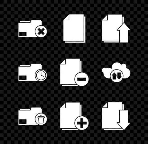 Set Delete folder, Document, Upload file document, Add new, with download, clock Stock Illustration
