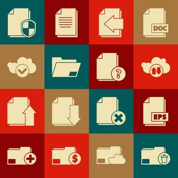 Set Delete folder, EPS file document, Cloud download and upload, Next page arrow Stock Illustration