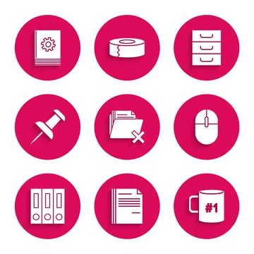 Set Delete folder, File document, Coffee cup flat, Computer mouse, Office Stock Illustration