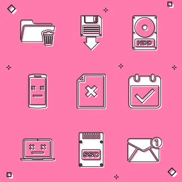 Set Delete folder, Floppy disk backup, Hard drive HDD, Dead mobile, file do.. Illustrazione stock