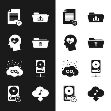 Set Delete folder, Head with heartbeat, Share file, Folder upload, CO2 emis.. Stock Illustration