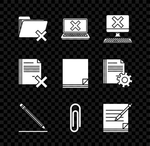 Set Delete folder, Laptop and cross mark on screen, Computer with keyboard x Stock Illustration