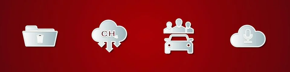 Set Delete folder, Methane emissions reduction, Car sharing and Music streaming Stock Illustration