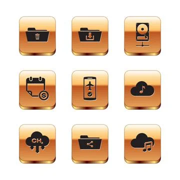 Set Delete folder, Methane emissions reduction, Share, Flight mode in the mobile Stock Illustration