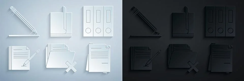 Set Delete folder, Office folders with papers and documents, Blank notebook pen Illustrazione stock