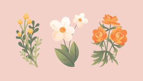 Set of delicate spring wildflowers. Trollius, immortelle, chamomile. In cartoon Stock Illustration