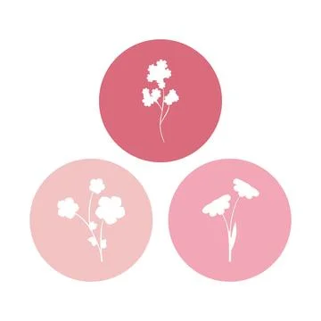 Set of delicate white flower cutouts in pink circles Illustrazione stock