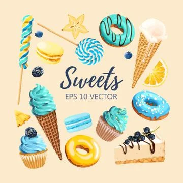 Set of delicious fruit sweets and desserts Stock Illustration