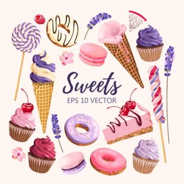 Set of delicious fruit sweets and desserts Stock Illustration