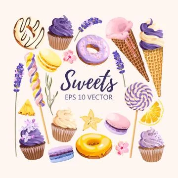 Set of delicious fruit sweets and desserts Stock Illustration