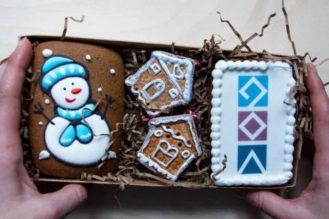 A set of delicious gingerbread with a pattern in the form of a snowman Stock Photos