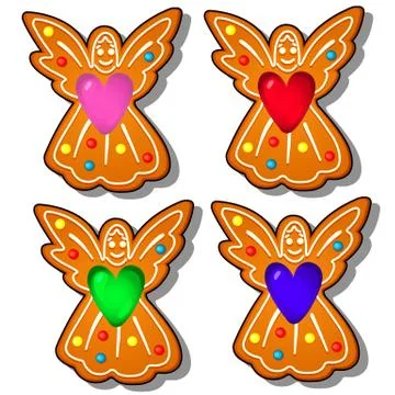 Set of delicious gingerbread in the shape of an angels isolated on white Stock Illustration