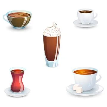 Set of delicious hot drinks coffee, tea and supplies isolated on white Stock Illustration