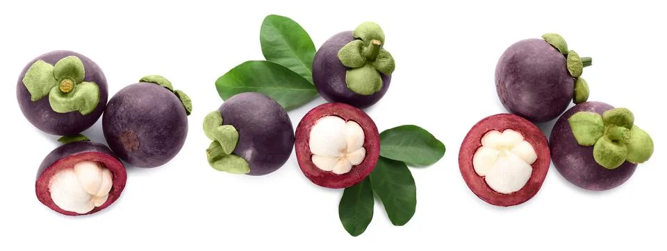 Set with delicious mangosteen fruits on white background, top view. Banner de Stock Photos