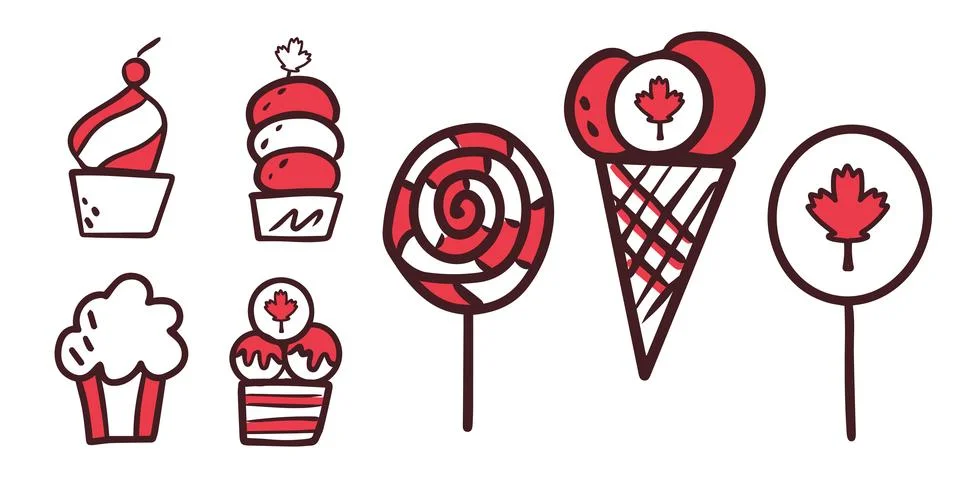 A set of delicious sweets for Canada Day. Maple leaf as a symbol. Stock Illustration