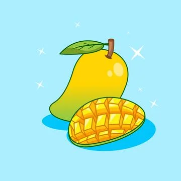 Set of Delicious yellow mango fruit with a slice and leaf on blue background Stock Illustration