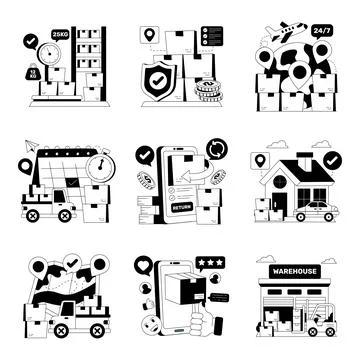 Set of Delivery and Logistics Solid Illustrations Stock Illustration
