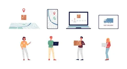Set of delivery and parcel tracking icons flat vector illustration isolated. Stock Illustration