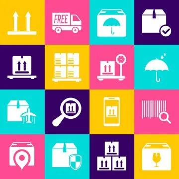 Set Delivery box with fragile content, Search barcode, Umbrella and rain drops 库存插图