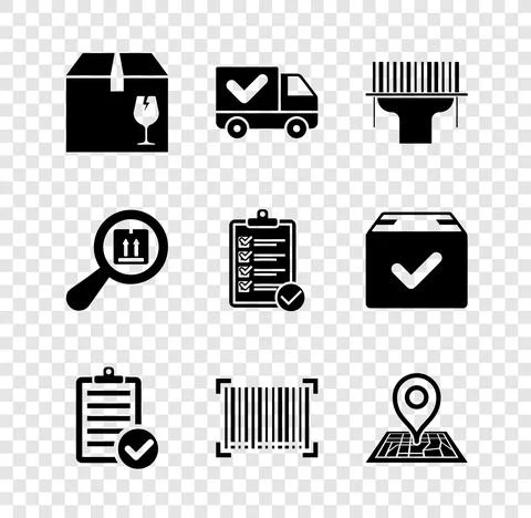 Set Delivery box with fragile content, truck check mark, Scanner scanning bar Illustrazione stock