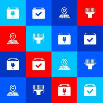 Set Delivery box with fragile content, Package check mark, Placeholder map and Stock Illustration