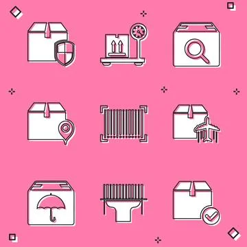 Set Delivery box security shield, Scale with cardboard, Search package, Location Stock Illustration