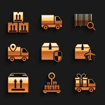 Set Delivery box security shield, Scale with cardboard, truck gift, Plane and イラスト素材