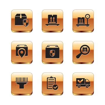 Set Delivery box security shield, Scanner scanning bar code, Verification of Illustrazione stock