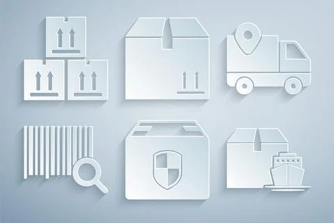 Set Delivery box security shield, tracking, Search barcode, Cargo ship with Stock-Illustration